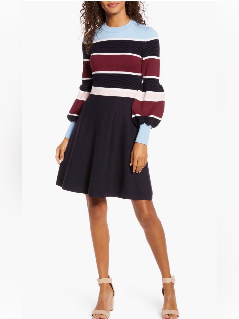 1901 Striped Puff-Sleeve Fit & Flare Dress in Navy, Burgundy, Light Blue, Sz L